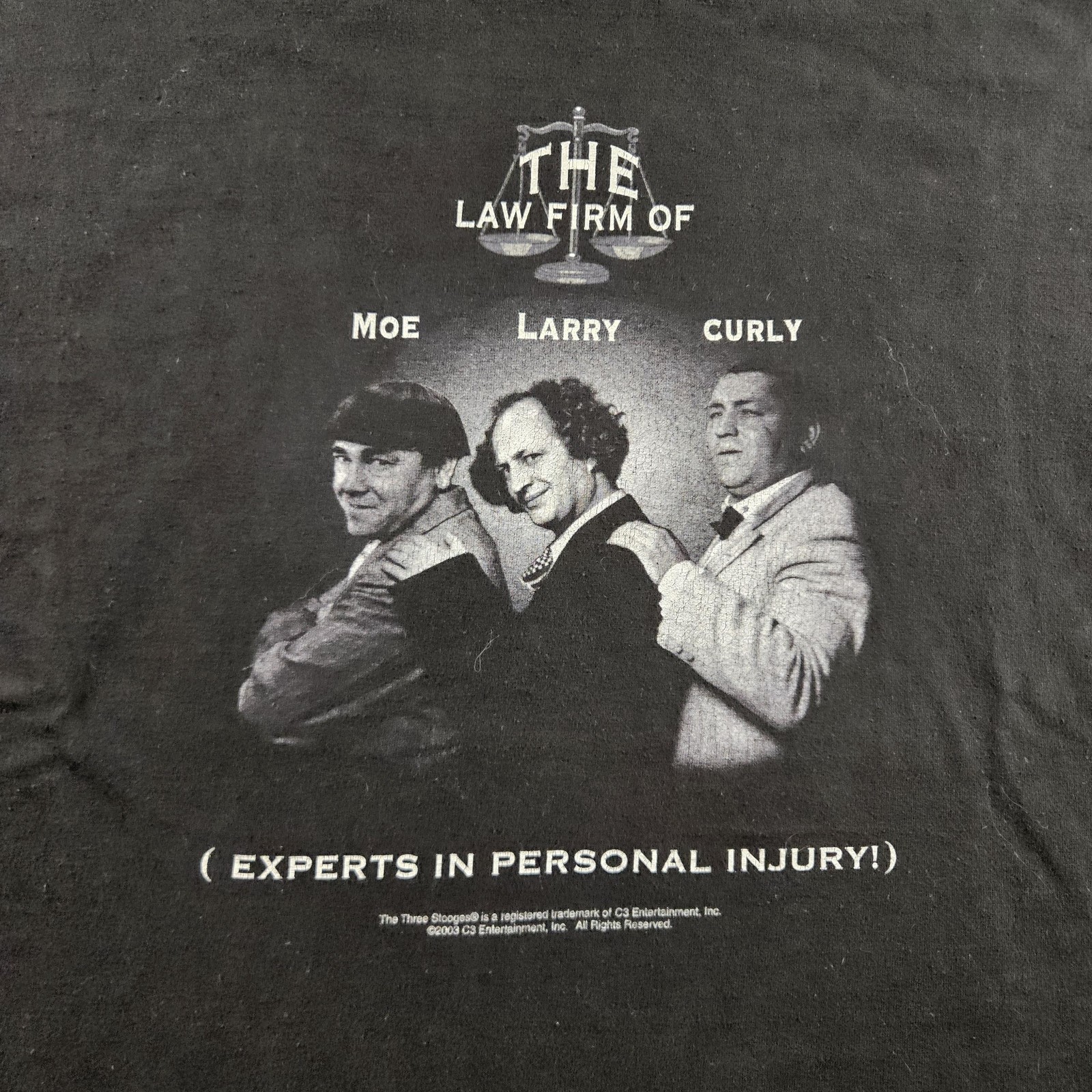 Vintage The Three Stooges Law Firm Experts In Personal Injury Black T-Shirt XL gallery