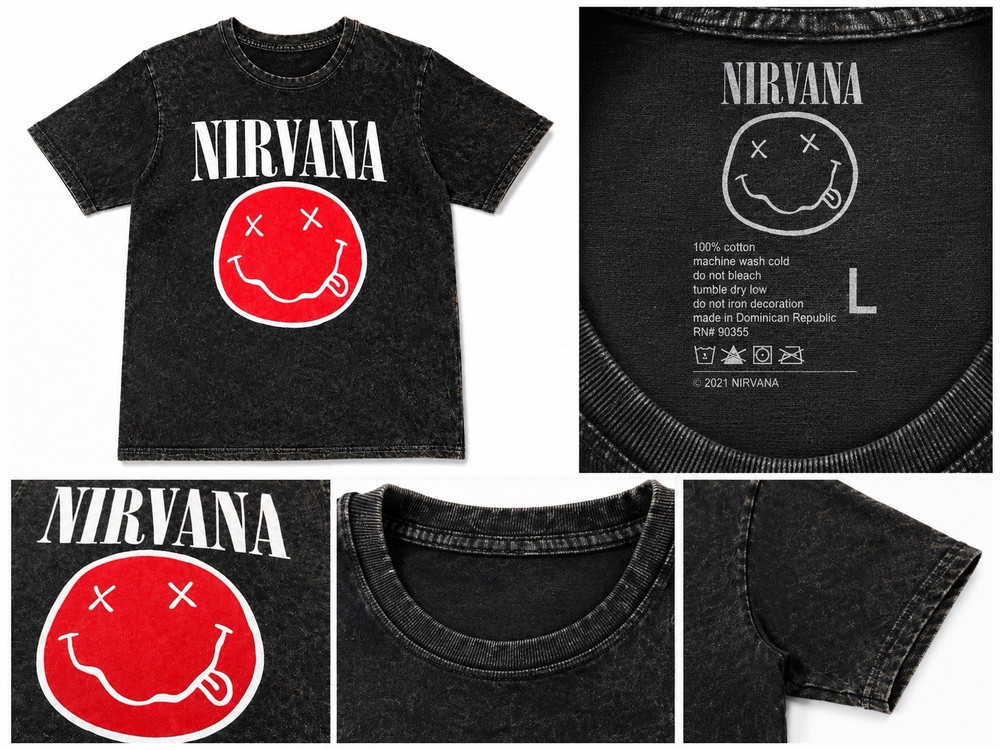 Official Nirvana Smiley Face T-Shirt Acid Wash Black Graphic Tee Size Large