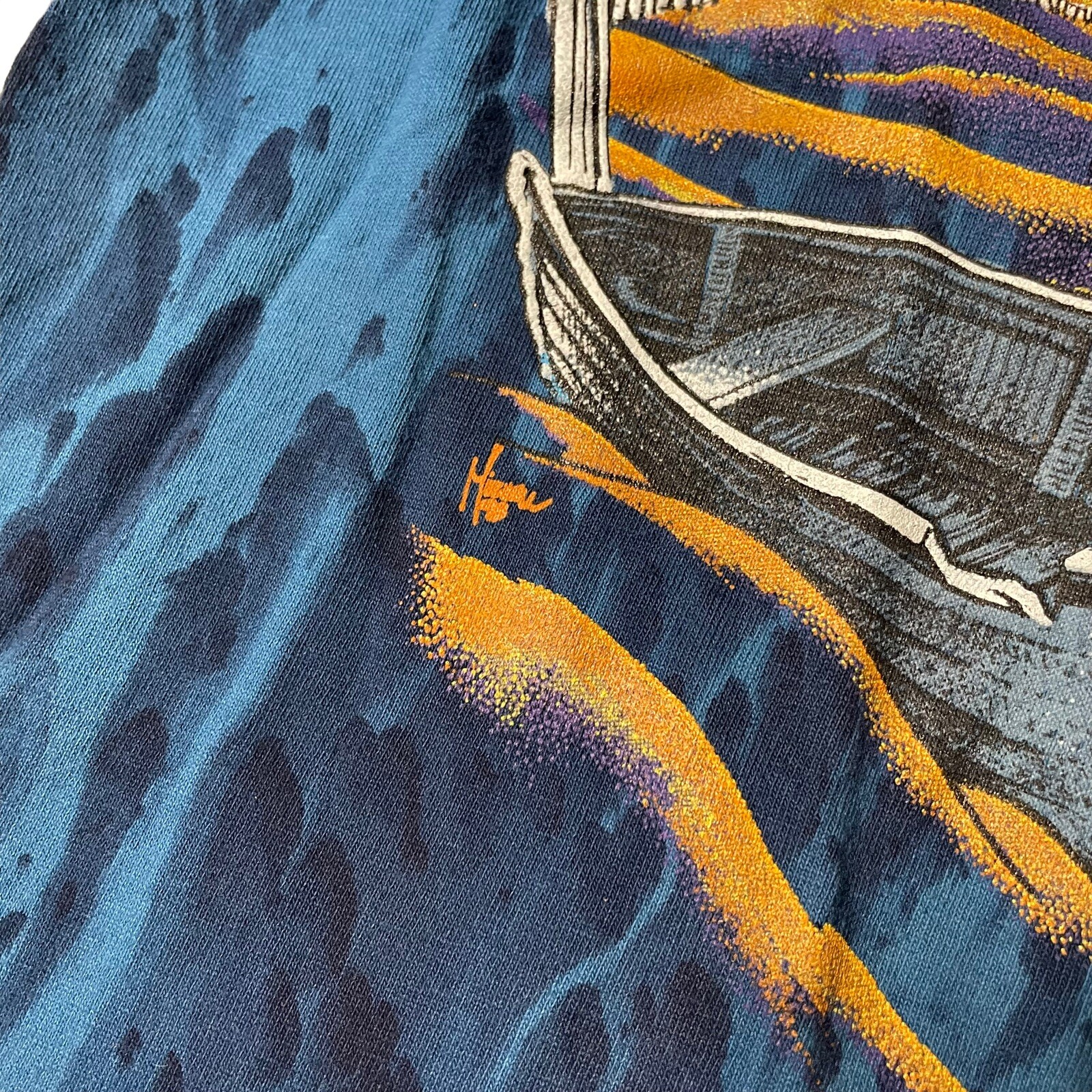 Vintage 90's Tie Dye Boat Ship Seagull Ocean T Shirt XL Men's USA Blue gallery