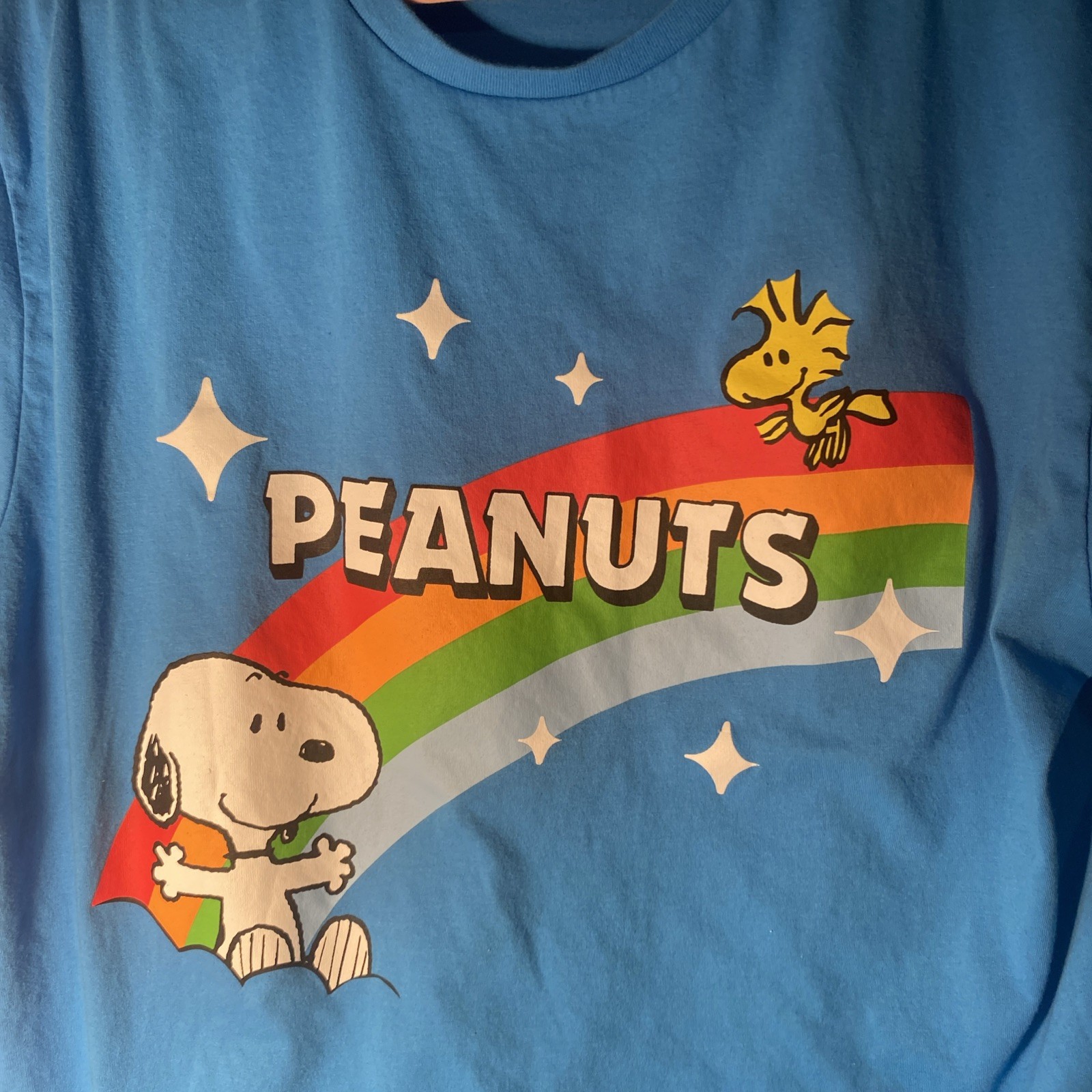 Mens Peanuts Snoopy and Woodstock Blue T Shirt XL Rainbow Graphic Cartoon #G120 gallery