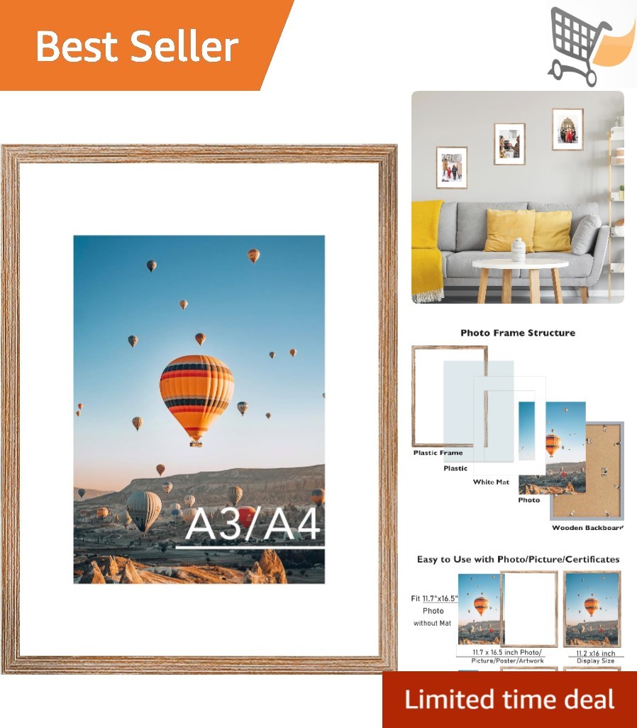 Rustic Brown Picture Frame 11.7×16.5 A3 with A4 Mat Wall Hanging Modern