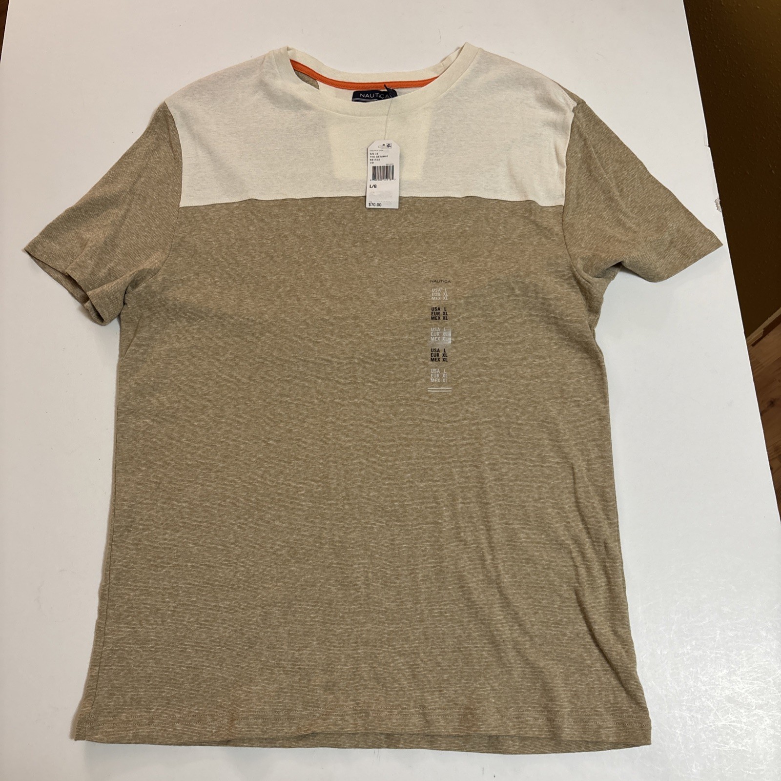 NWT Nautica Mens L Cream/Tan Color Block Short Sleeve Cotton/Linen Blend T-Shirt