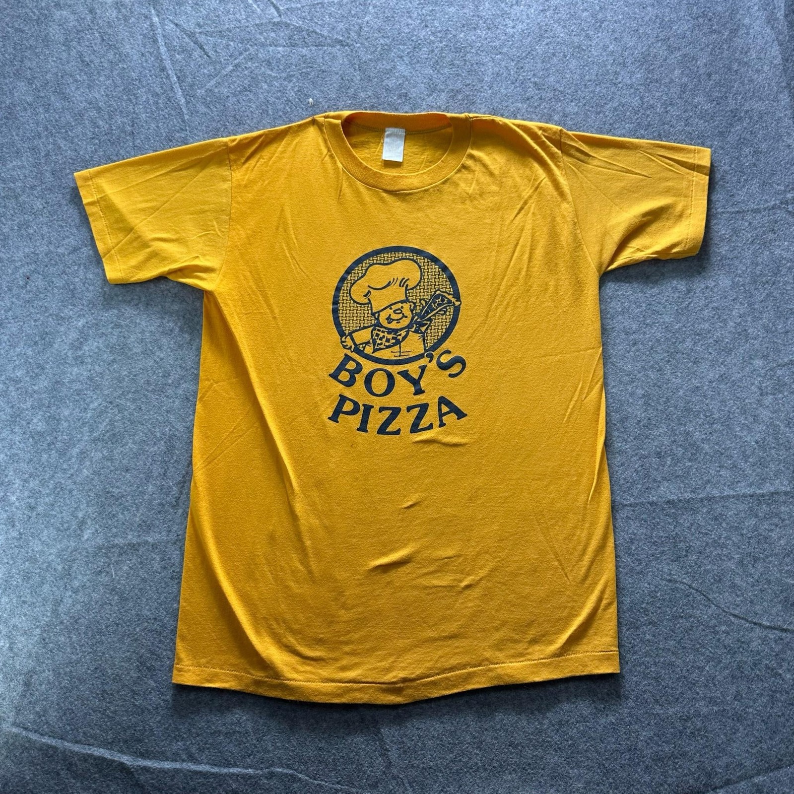 Vintage y2k Boy’s Pizza Shirt Mens L Yellow Graphic Logo Cotton Crew Neck