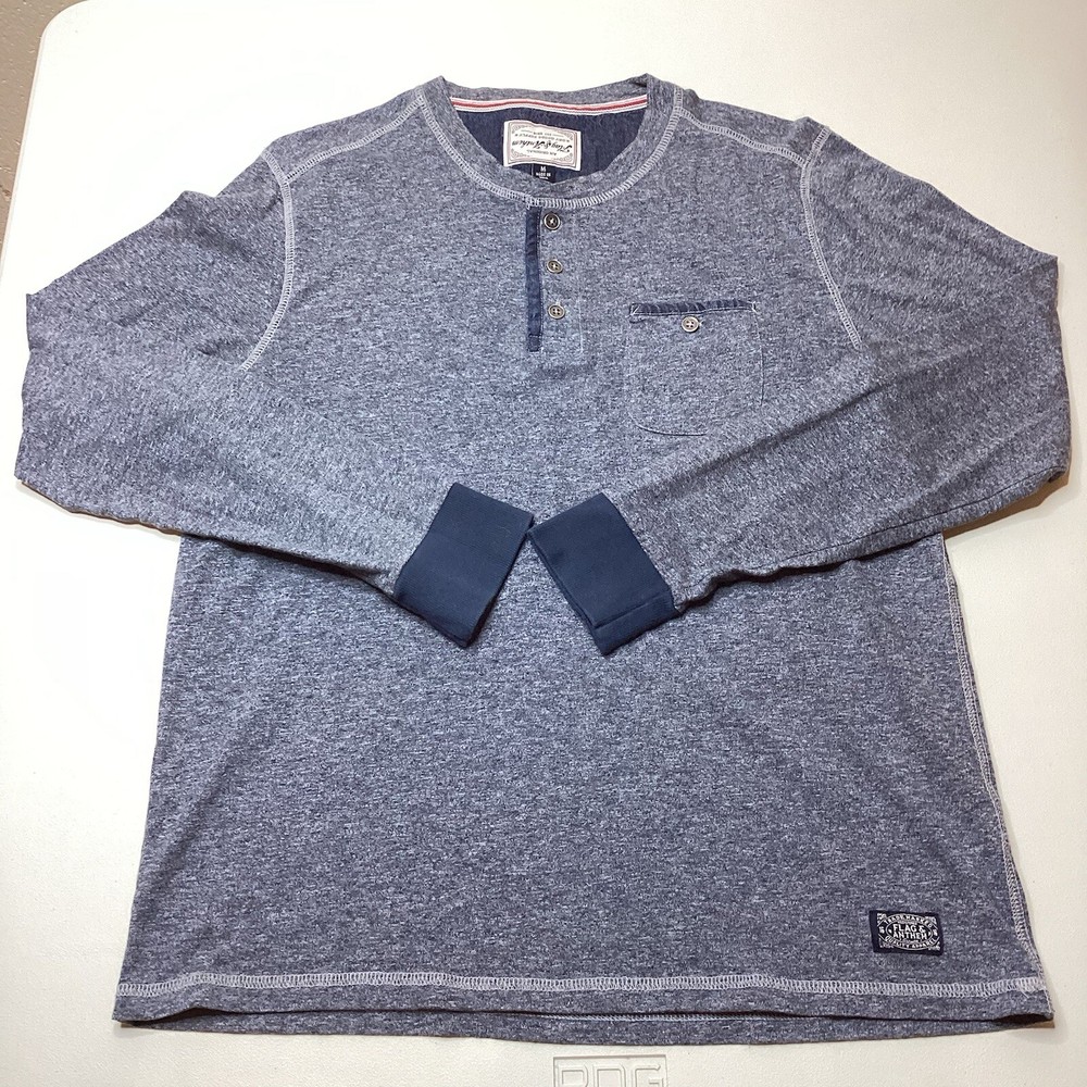 Flag & Anthem Men Med Blue Long Sleeve Shirt Henley Pocket 3 Button Crew Neck