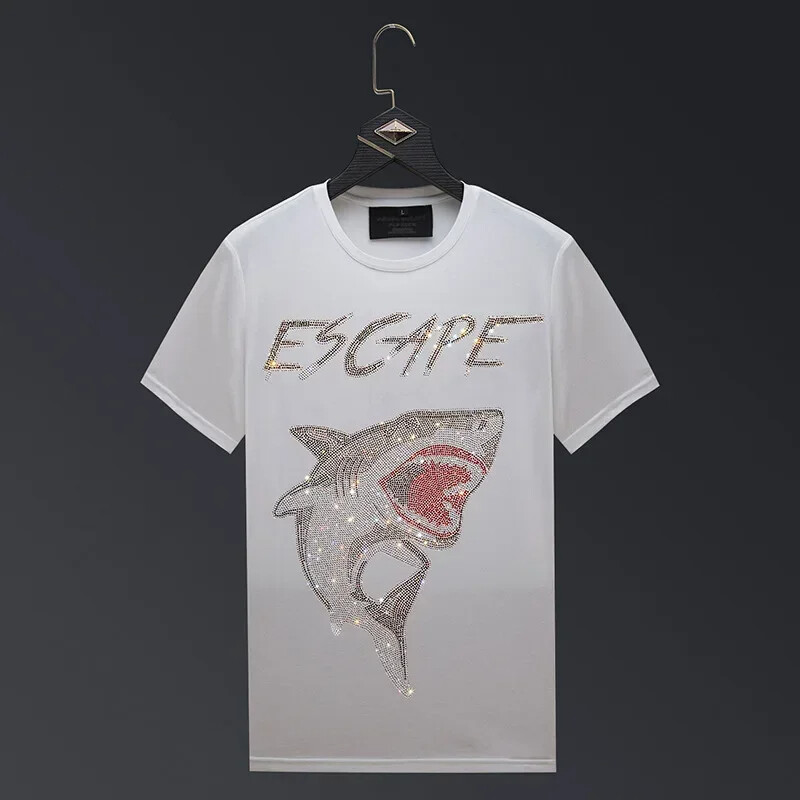 New Men Fashion Diamond Shark Rhinestones Luxury Black White T-Shirt gallery
