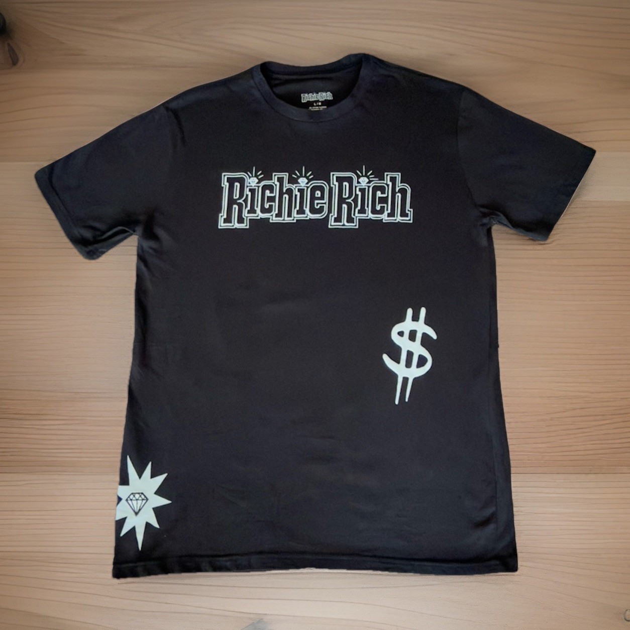 Richie Rich Graphic T Shirt Black Neon Green Piano Print Size L Tee NWT gallery