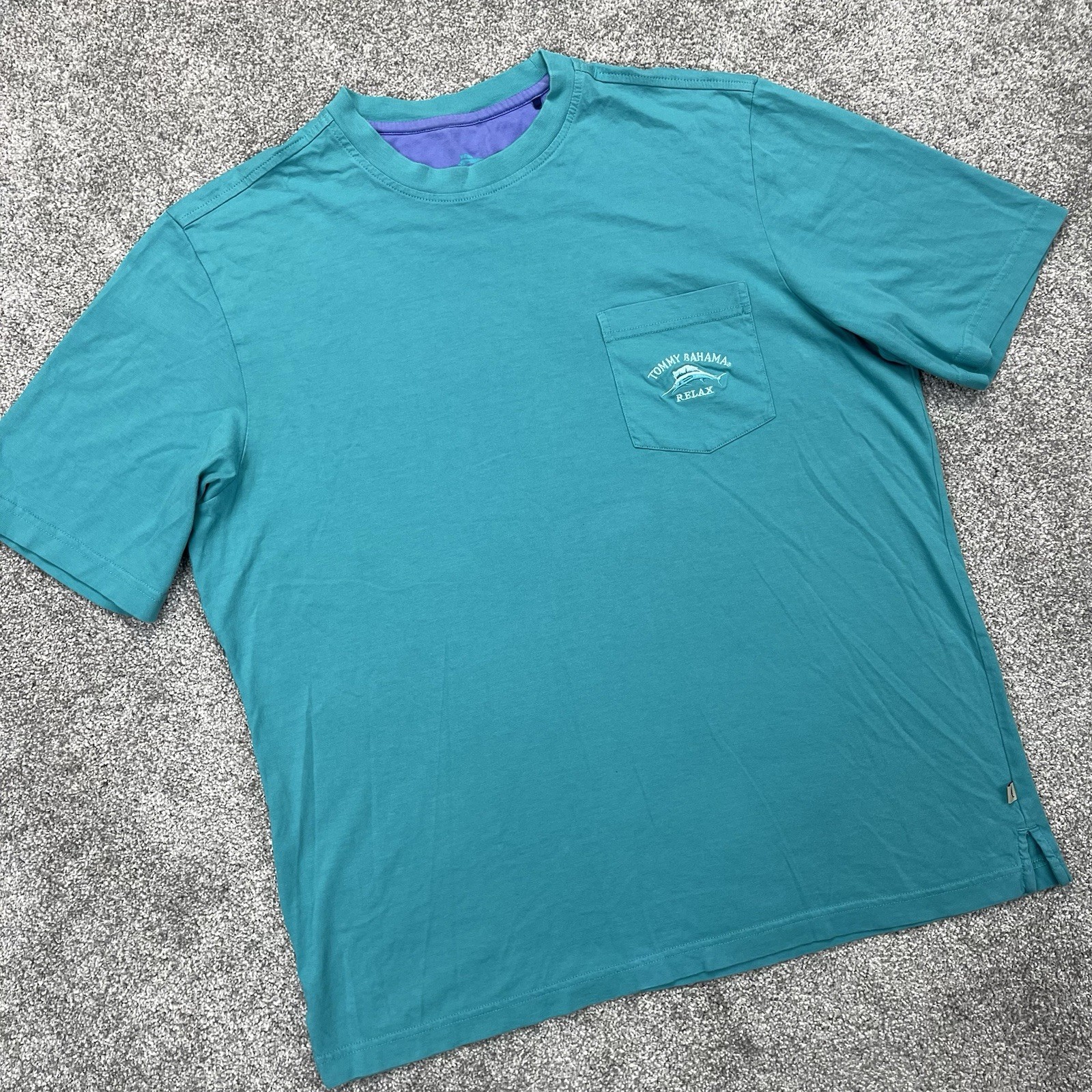 Tommy Bahama T Shirt Mens Medium Relax Pocket Tee Cotton Teal Blue Marlin Logo gallery