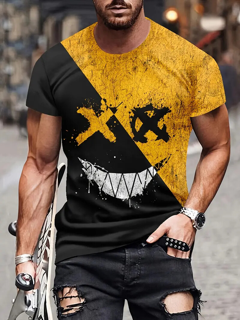 3D Smiling Face Print Men's Trendy Color Block Short Sleeve Crew Neck T-shirt gallery