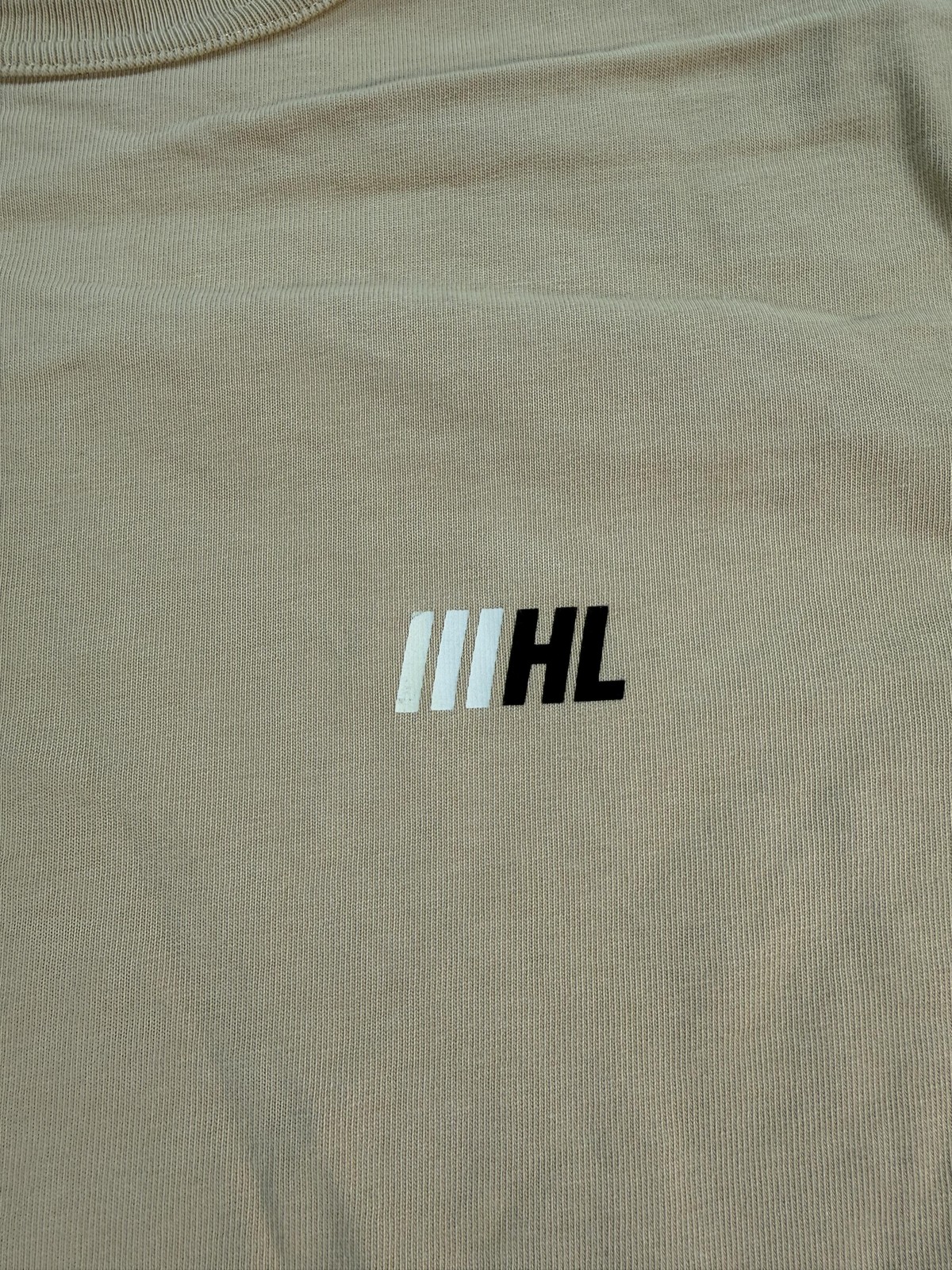Helmut Lang Shirt Mens Large Tan Logo Graphic Crewneck Short Sleeve Back Print gallery