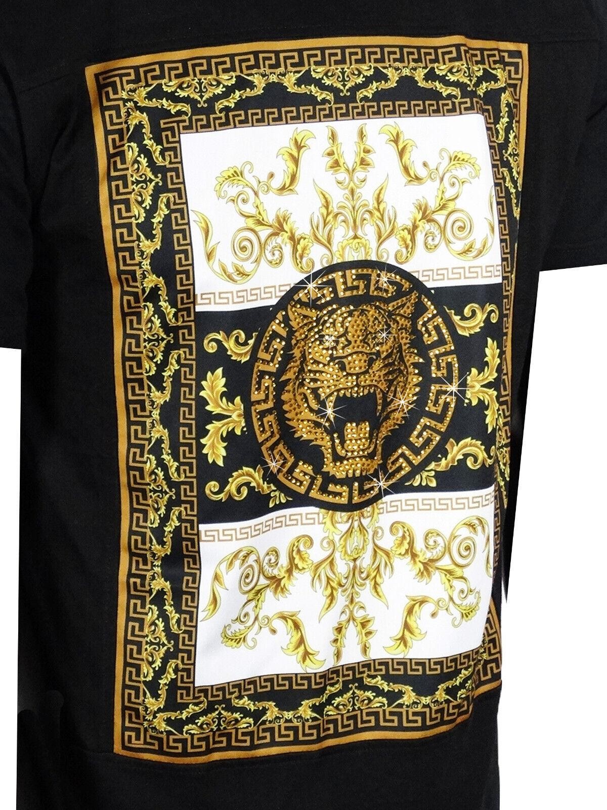 Italian T-Shirt Men Baroque Florals Shiny Stones Rhinestone Gold Tiger Crew Neck gallery