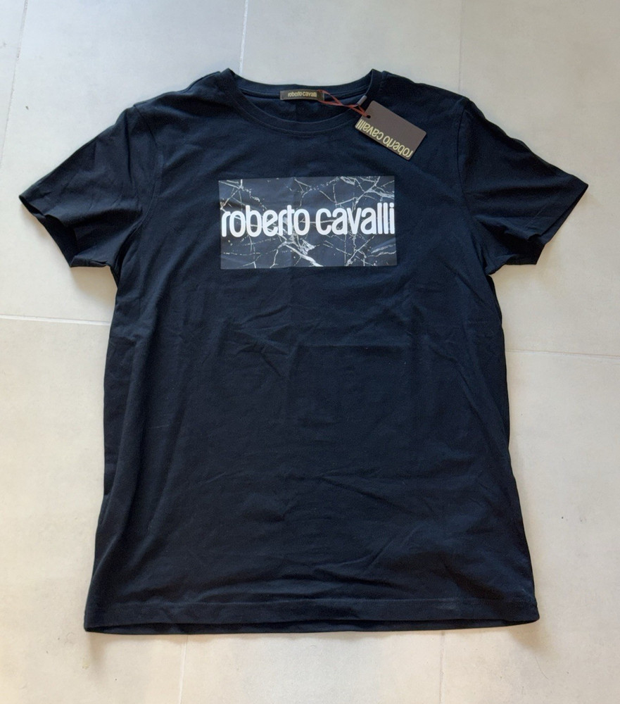 Roberto Cavalli Black with Marble Box Logo Print Neck Cotton Sz XL Slim Fit