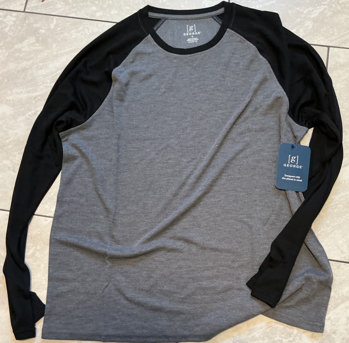 George Mens & Big Men’s Long Sleeve Raglan 2-color Tee Size L Black On Charcoal gallery