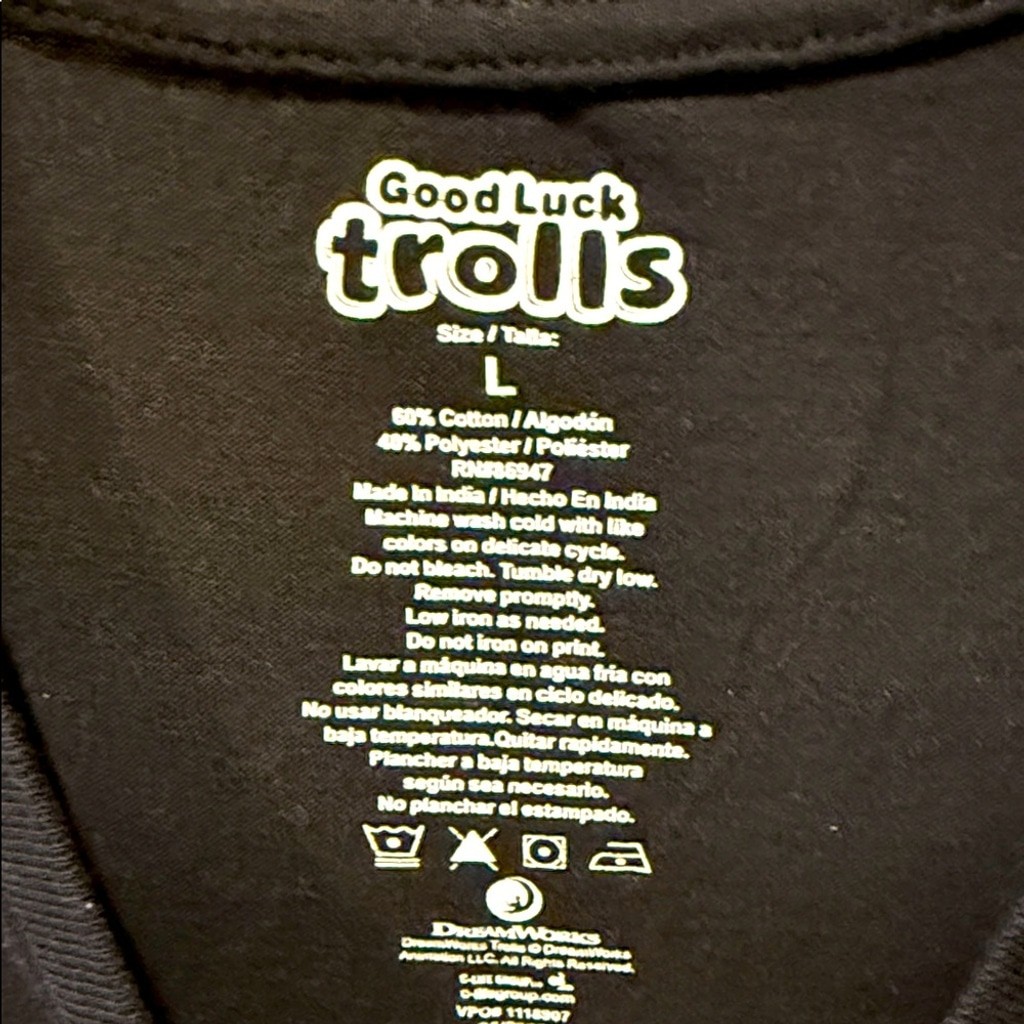 Dream Works Good Luck Trolls Graphic Black T-Shirt w/ Green Blue Graphics Large gallery
