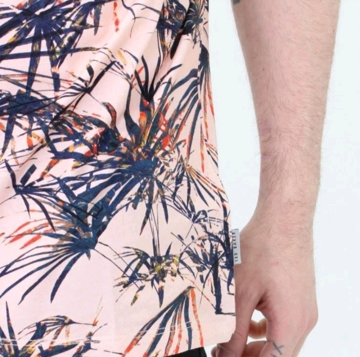 Ted Baker Men's Yorkii Tropical Tee Shirt Size 2 Short Sleeve Salmon Pull-On gallery