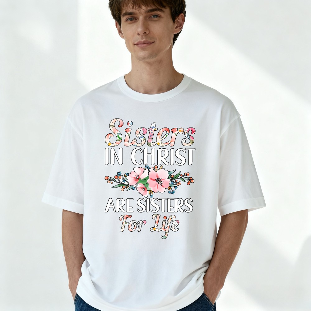 Sisters In Christ Floral T-Shirt Religious Casual Tee for Women gallery