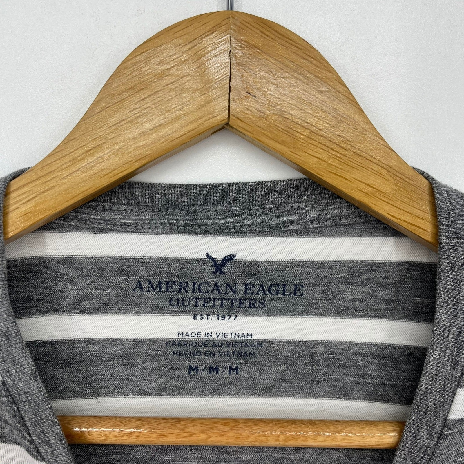 American Eagle Mens Striped T-Shirt Grey White Eagle Logo Short Sleeve Size M gallery