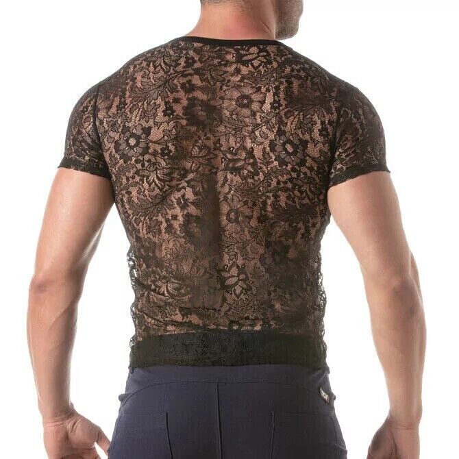 TOF PARIS Floral Lace T-Shirt Round Neck Semi-Sheer Black 35 gallery