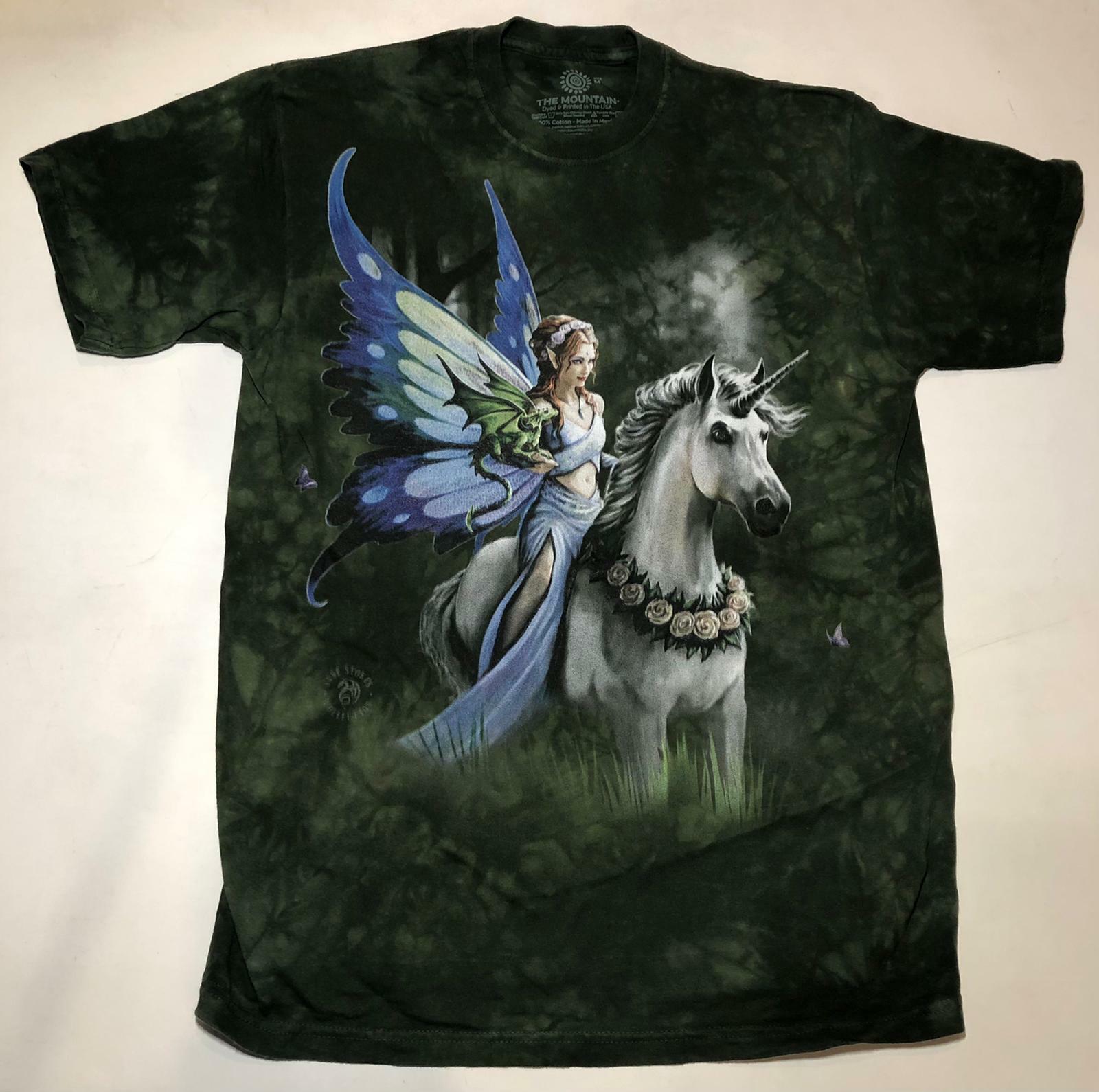 Fairy Unicorn Dragon Elf Realm of Enchantment Magic Green Mountain T-Shirt S-4X gallery