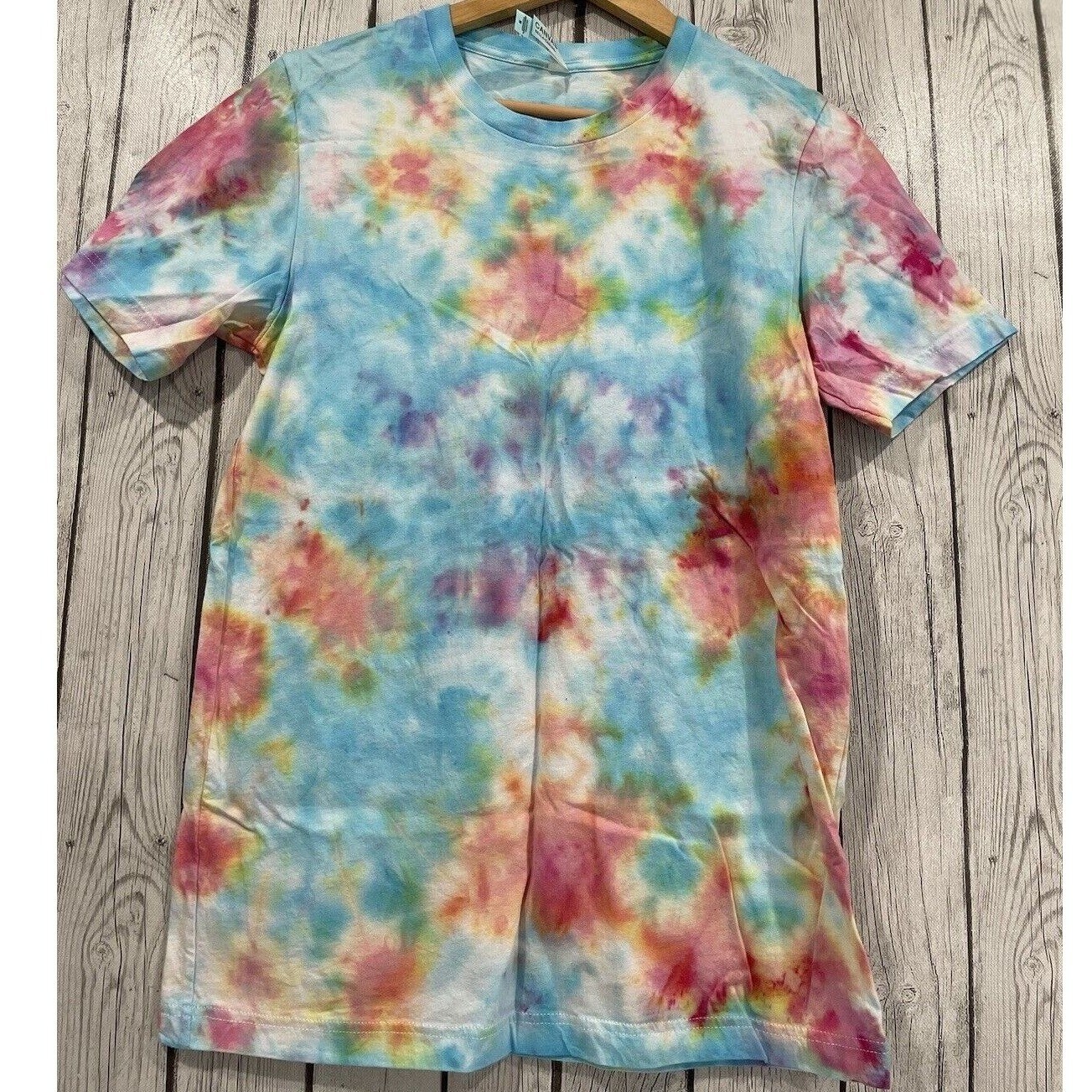 Bella Canvas Tie Dye T Shirt Blue Pink Yellow Short Sleeve Crew Neck M Handmade gallery