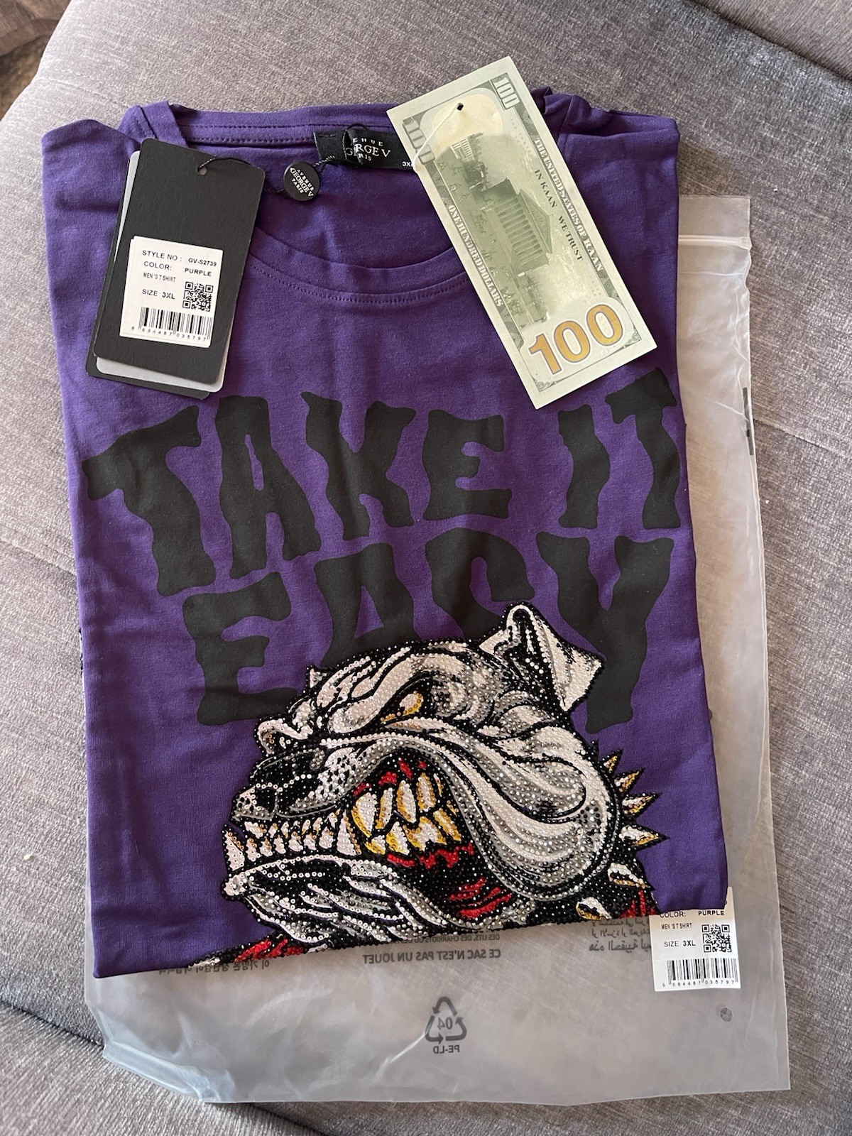 Avenue George V Paris T-Shirt Royal Bulldog Rhinestone Men's Purple Fitted Tee gallery