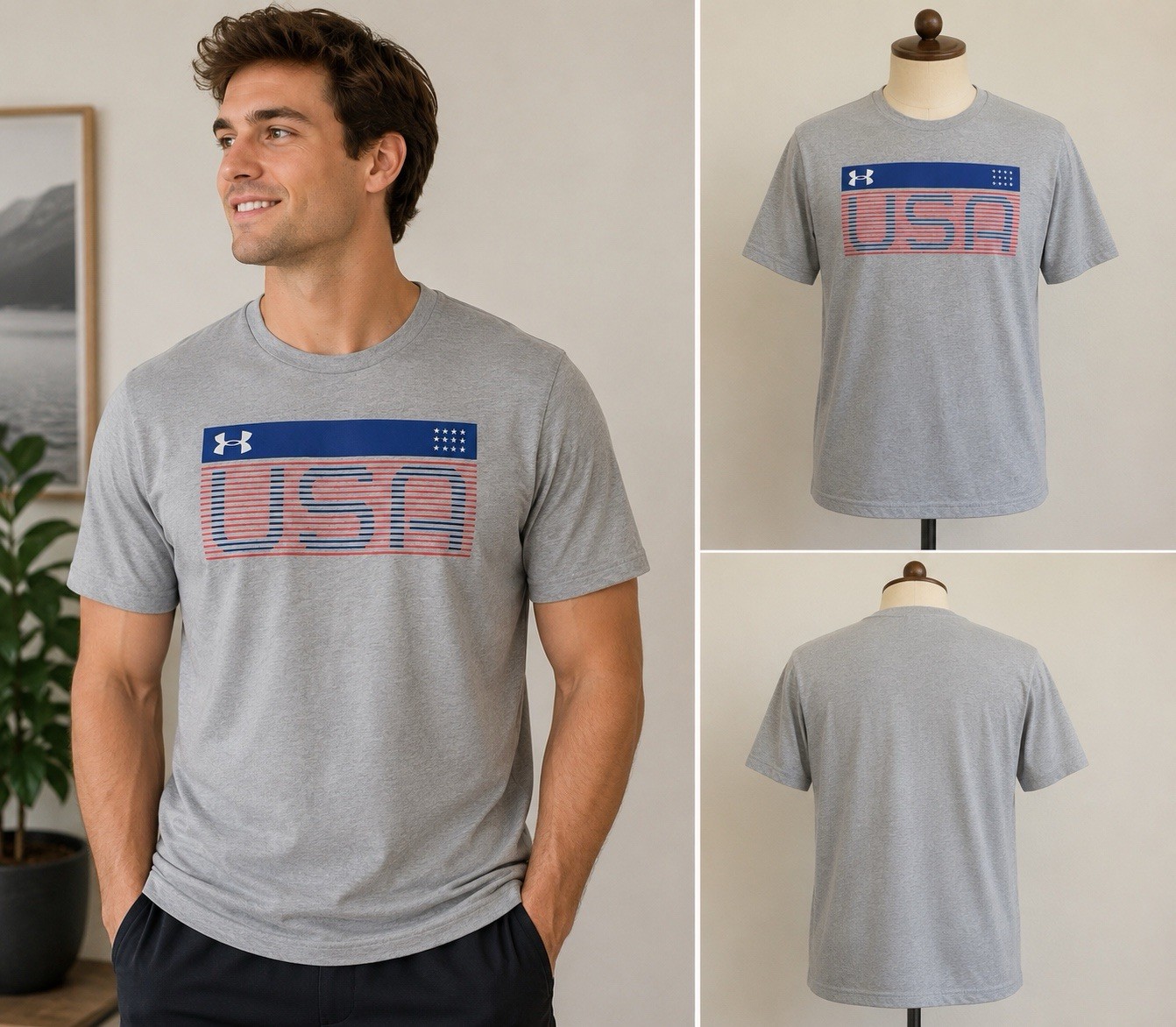 Under Armour USA Stylized Flag T-Shirt Size M Gray Heat Gear Loose Tee gallery