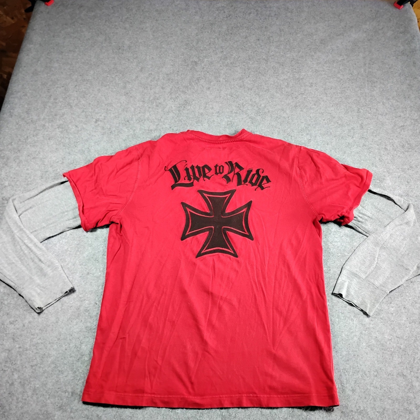 Lucky Brand Mens Red Double Layer Thermal Shirt Live to Ride Iron Cross L gallery