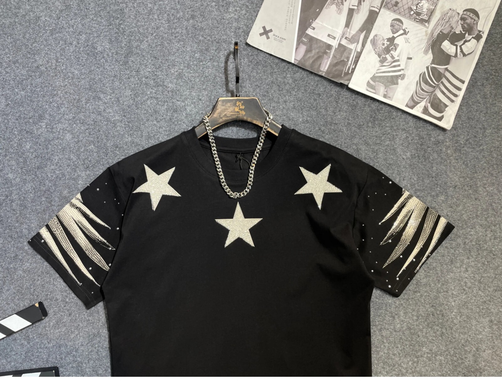 New Men Luxury Diamond Star Rhinestones Fashion Black T-Shirt High Quality gallery