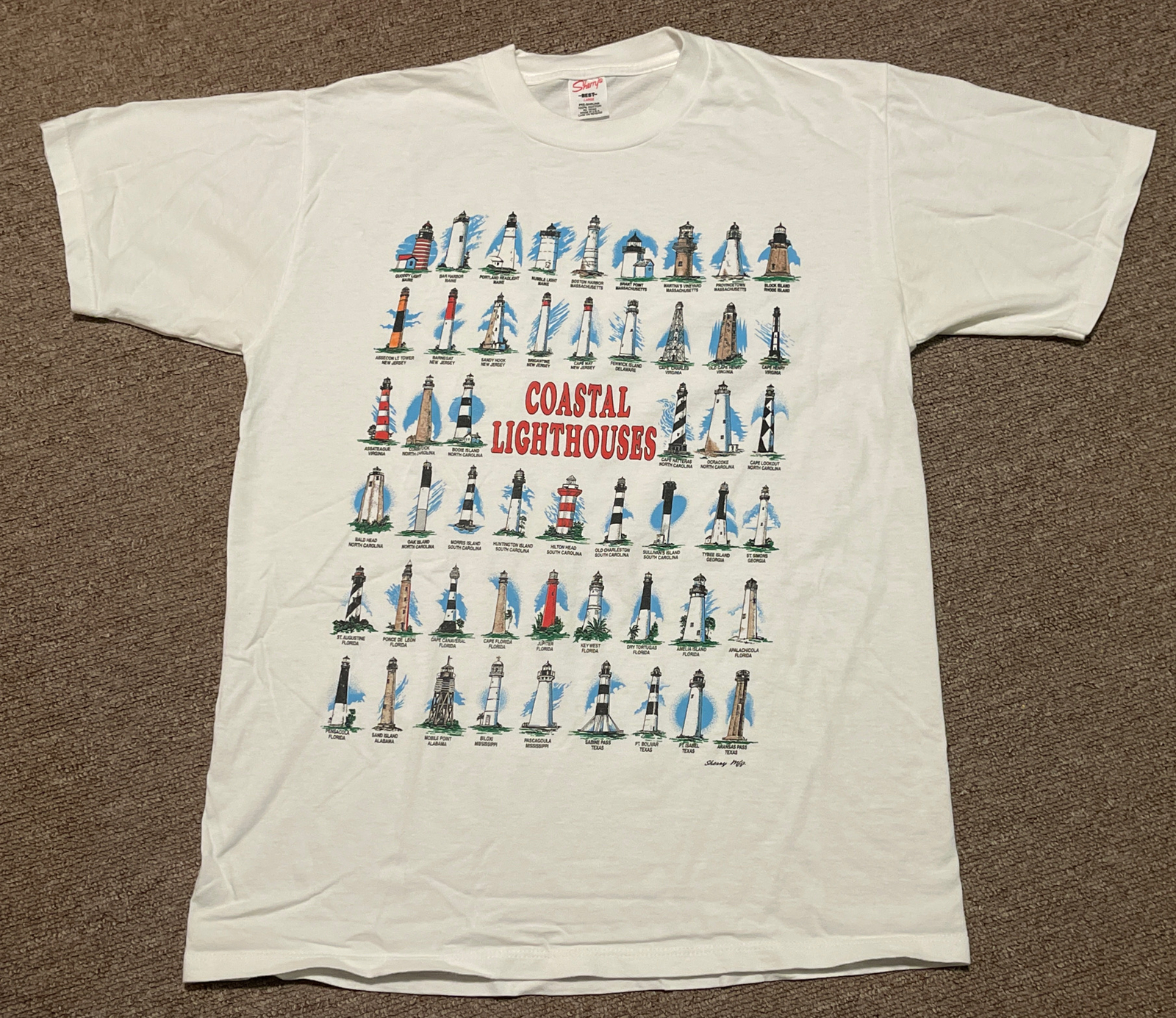Vintage 90s Large Eastern Coastal Lighthouses Beach Vacation T-Shirt USA