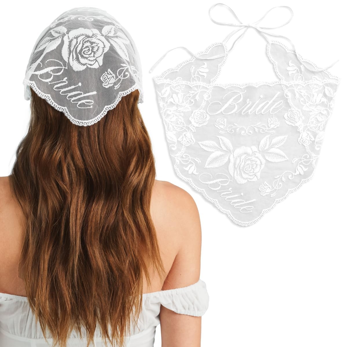 , Bride Lace Headscarf - White Embroidered Tulle Head Scarf | Bachelorette Pa... gallery