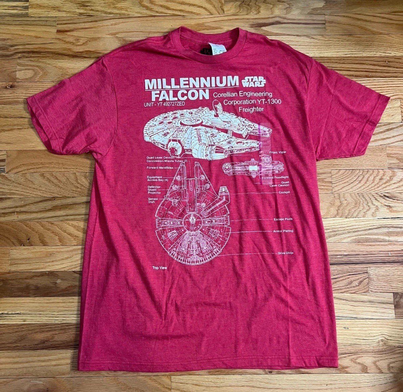 Retro Star Wars T Shirt Adult MEDIUM Red Millennium Falcon Schematic Graphic Tee
