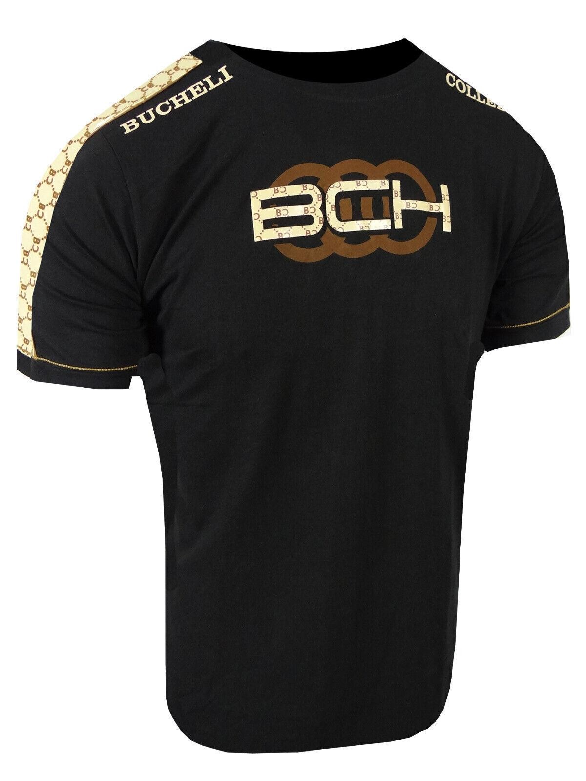 Mens T-Shirt Bucheli Italian Shoulder Stripe 3-D Chest Logo Slim Fit Crew Neck