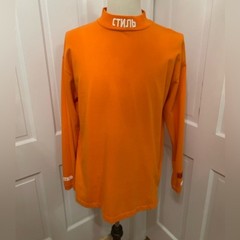 HERON PRESTON Orange Cyrillic Style Mock Neck Long Sleeve Top Size L Streetwear