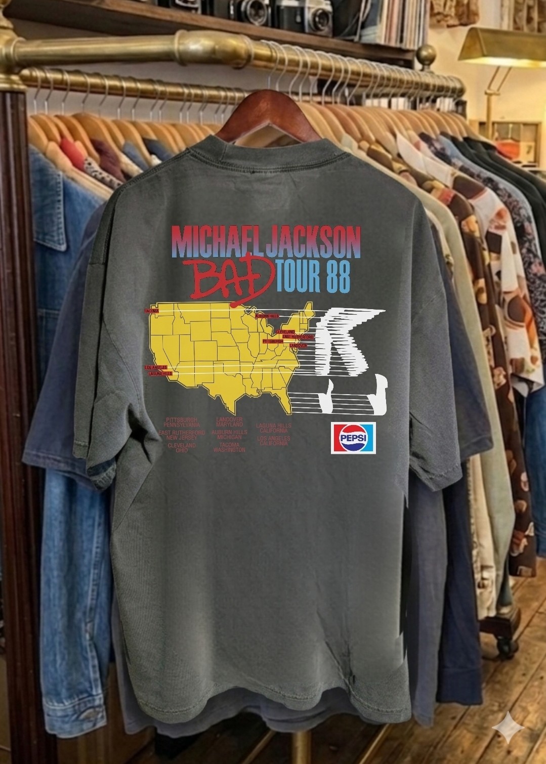 MICHAEL JACKSON BAD TOUR 1988 TOUR ON A SHAKA HEAVYWEIGHT GARMET SHIRT "MODERN" gallery