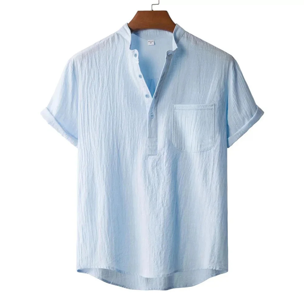 Men's Summer Cotton Linen T-shirt Beach Style Short SLeeve Henley Neck Vacation gallery
