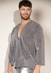 Manfinity Gray Size L Sheer Mesh Tinsel Metallic Long Sleeve V-Neck Tee