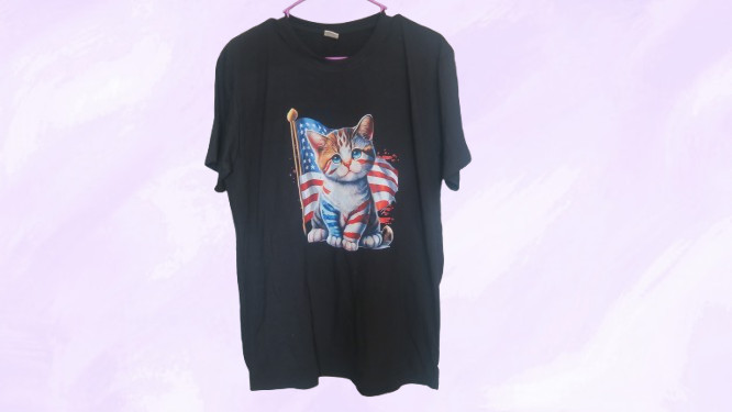 american flag cat graphic t-shirt short sleeves in black, red, white and blue L