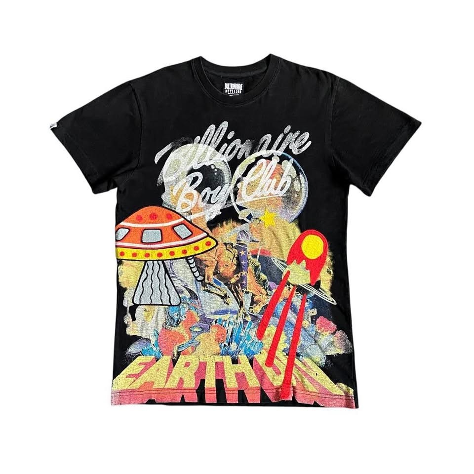 Billionaire Boys Club BBC T-Shirt Black Embroidered Earth UFO Space Graphic L gallery