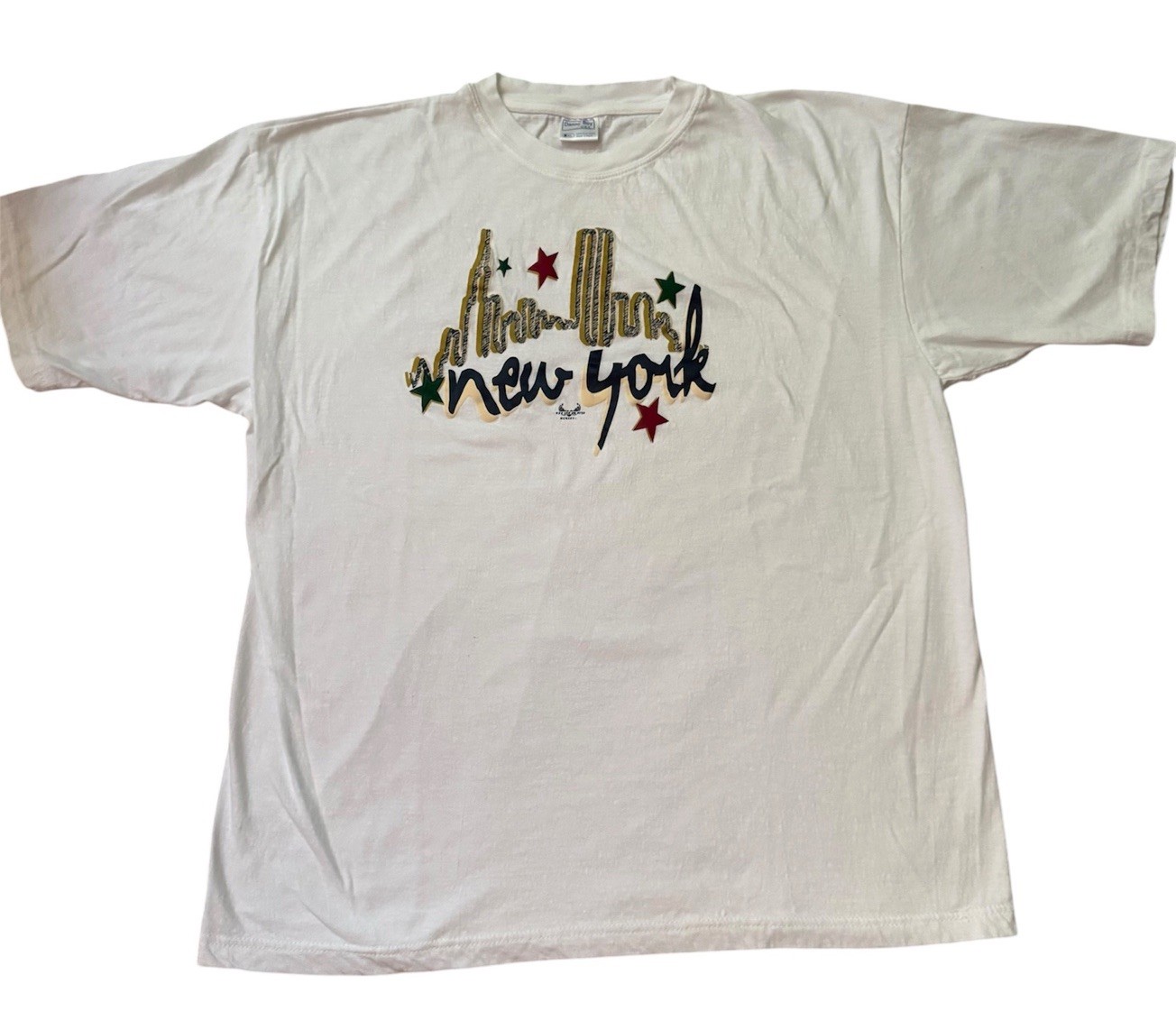 Vintage 90s New York City T Shirt XL White Glitter Skyline Twin Towers
