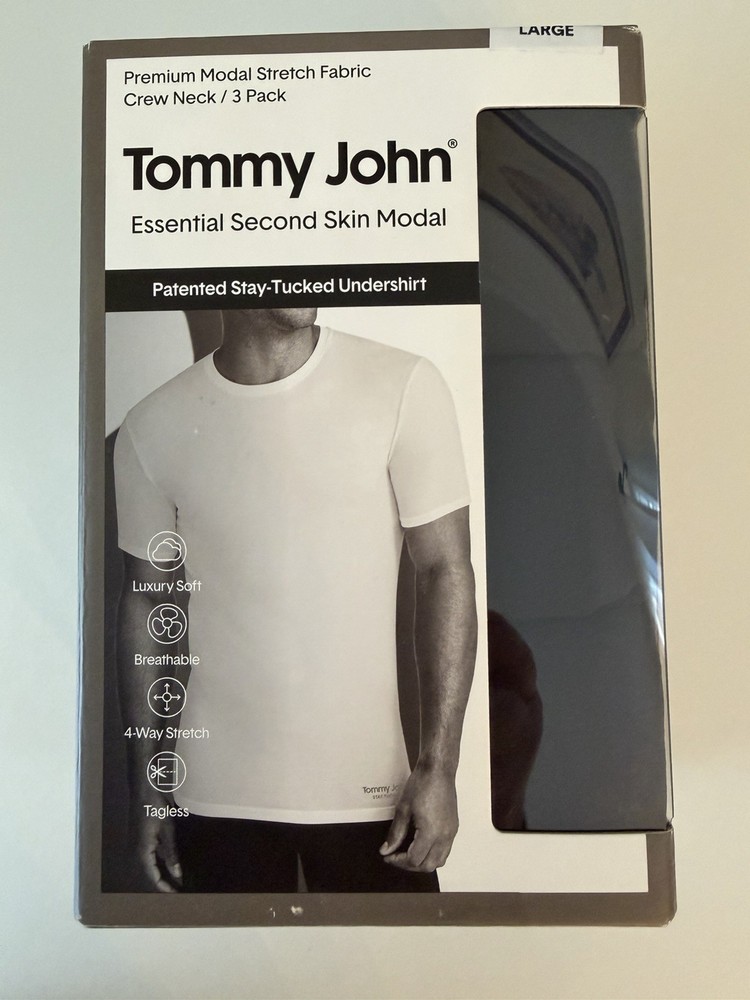 Tommy John Mens BLACK 3 Pack Essential Second Skin Modal Crew Neck Undershirt L