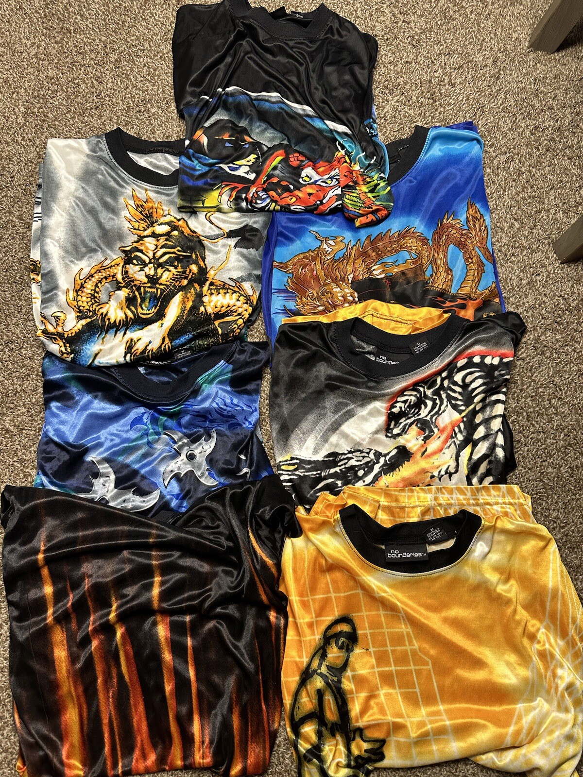 Lot 7 Vtg No Boundaries Flames Sheer AOP Dragon Rave Y2K M/L Anime Hardy Shirt gallery