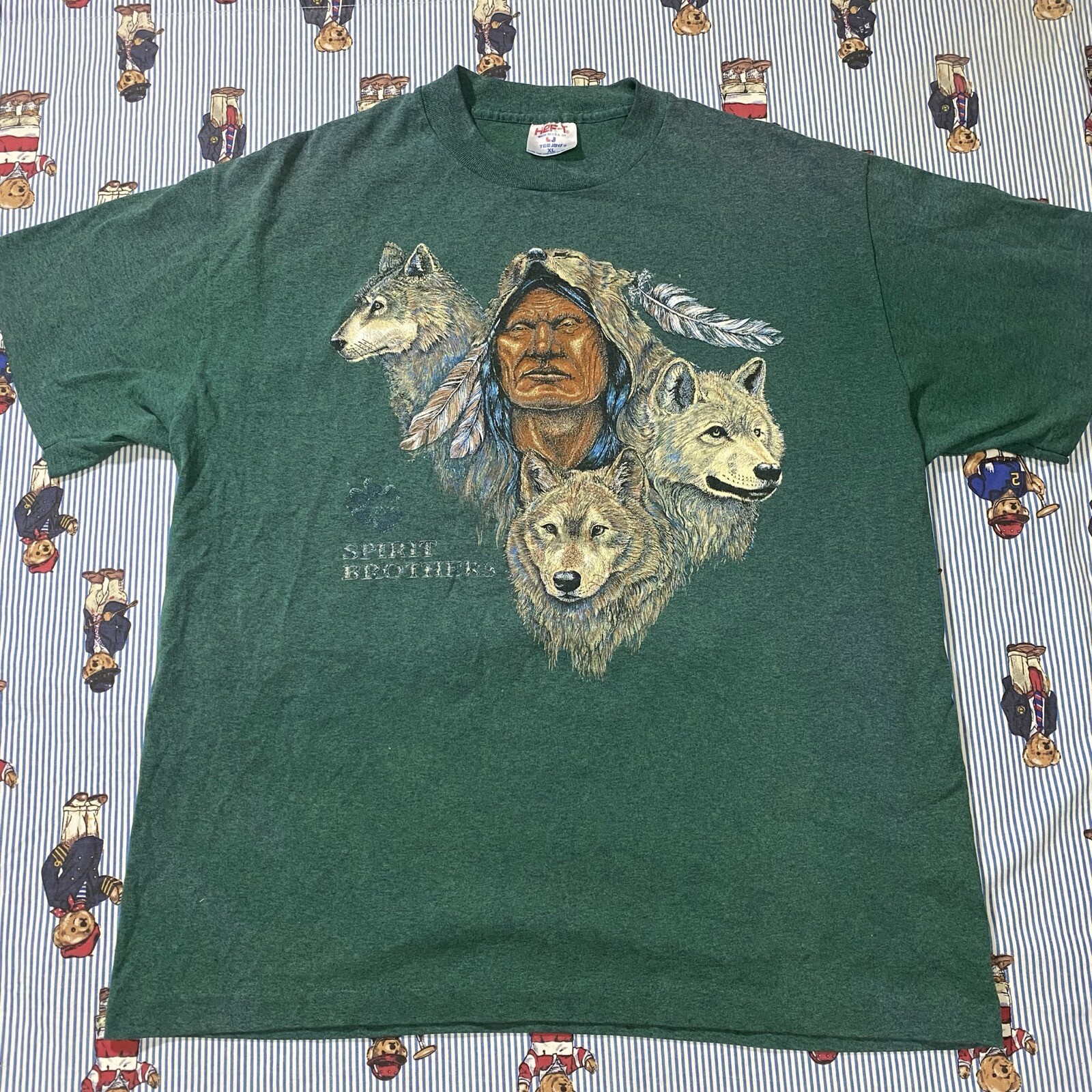 VTG TeeJays Native American Wolf Spirit Brothers Graphic T shirt Green Adult XL gallery