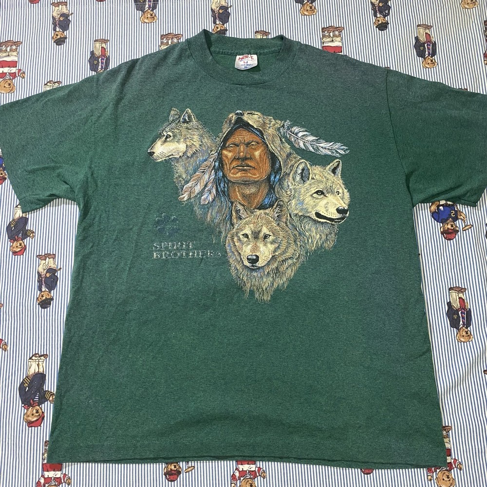 VTG TeeJays Native American Wolf Spirit Brothers Graphic T shirt Green Adult XL