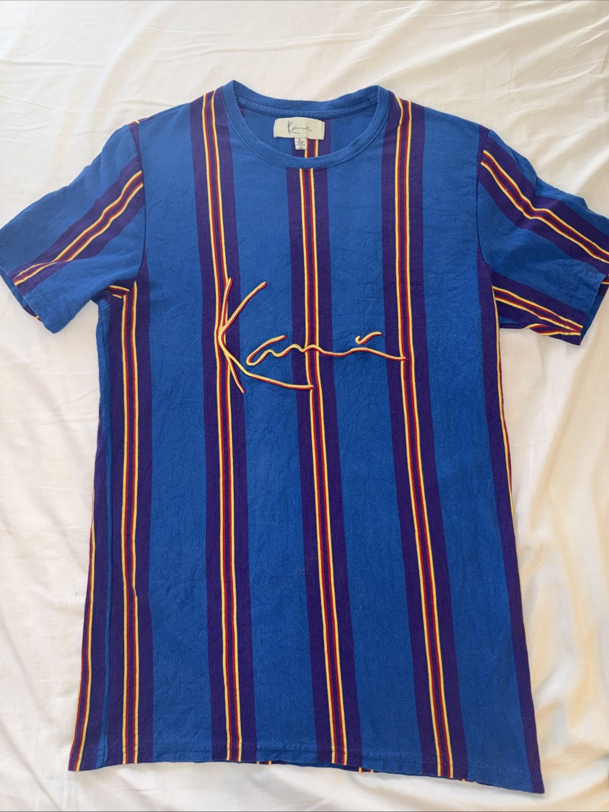 VTG ~ KARL KANI Shirt Mens LARGE Vertical Stripe Embroidered Logo Hip Hop Y2K