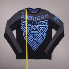 American Fighter Shiny Blue Graphic Long Sleeve T Shirt Mens Small Gray Black