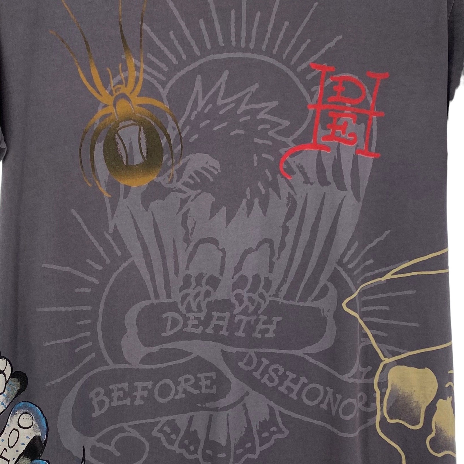 Y2K Ed Hardy Audigier Tattoo Art Skull Graphic Tee L Cotton Grey Made In USA gallery