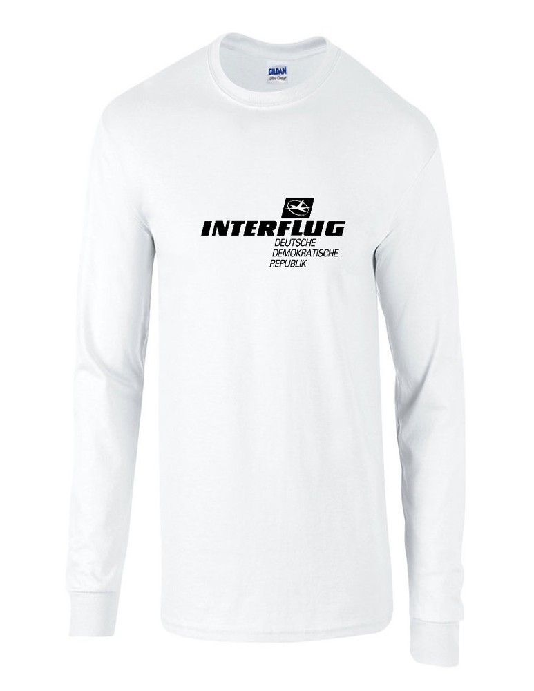 Interflug Black Vintage Logo German Airline White Long Sleeve Cotton T-Shirt
