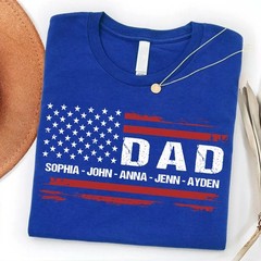 Personalized Dad Shirt Custom Kids Name Patriotic USA Flag 4th of July Gift Tee