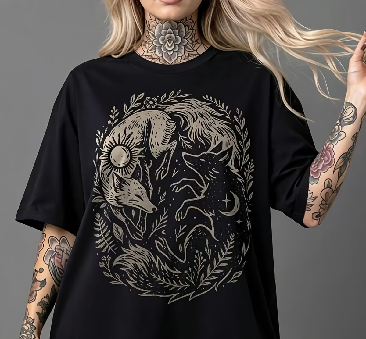 Fox Yin Yang Tshirt Celestial Witchy Graphic Tee Dark Academia Forest Moon Shirt