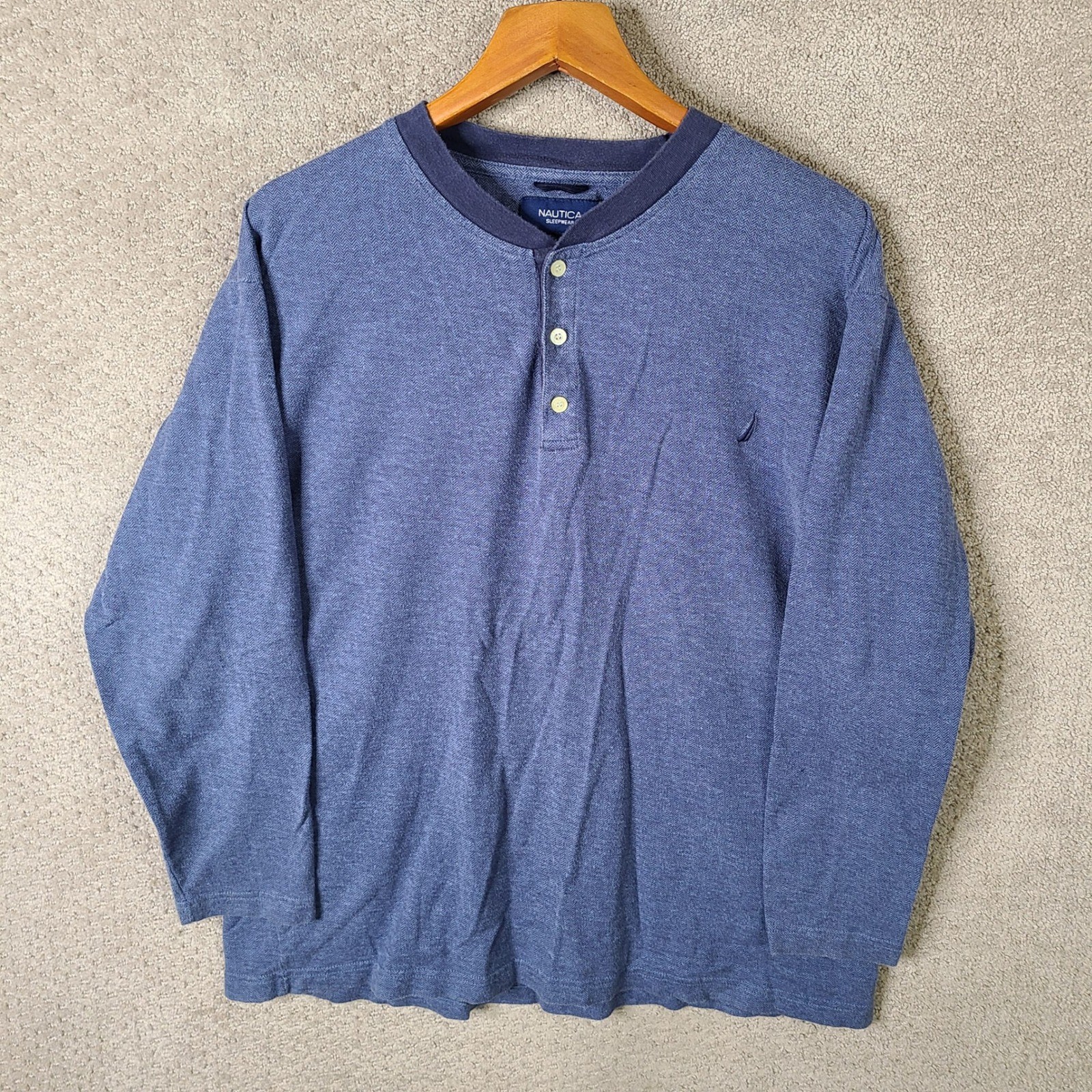 Nautica Shirt Mens Large Blue Herringbone Henley Cotton Long Sleeve Sleepwear