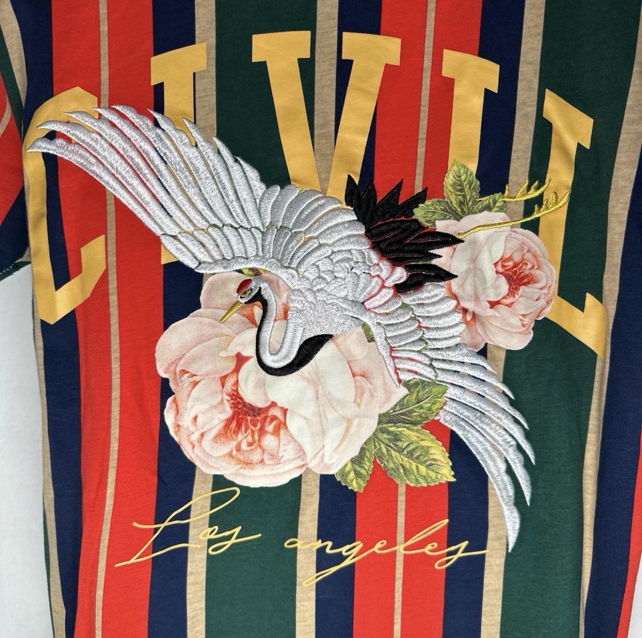 Civil Regime Men’s S Multicolor Striped Bird/Flower Graphic Crew Neck T-Shirt gallery